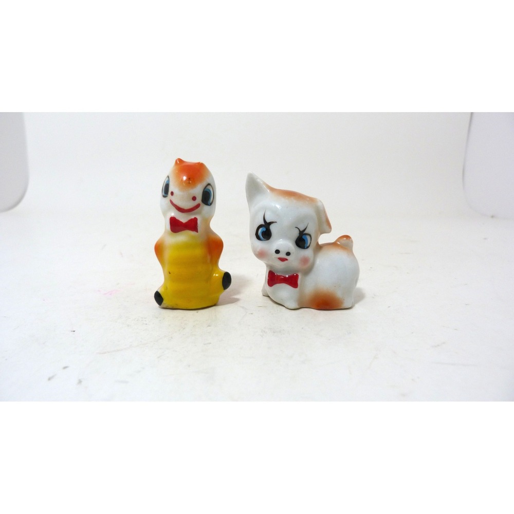Vintage Ceramic Miniature caterpillar and Pig Figurines Bow Ties Japan Set of 2